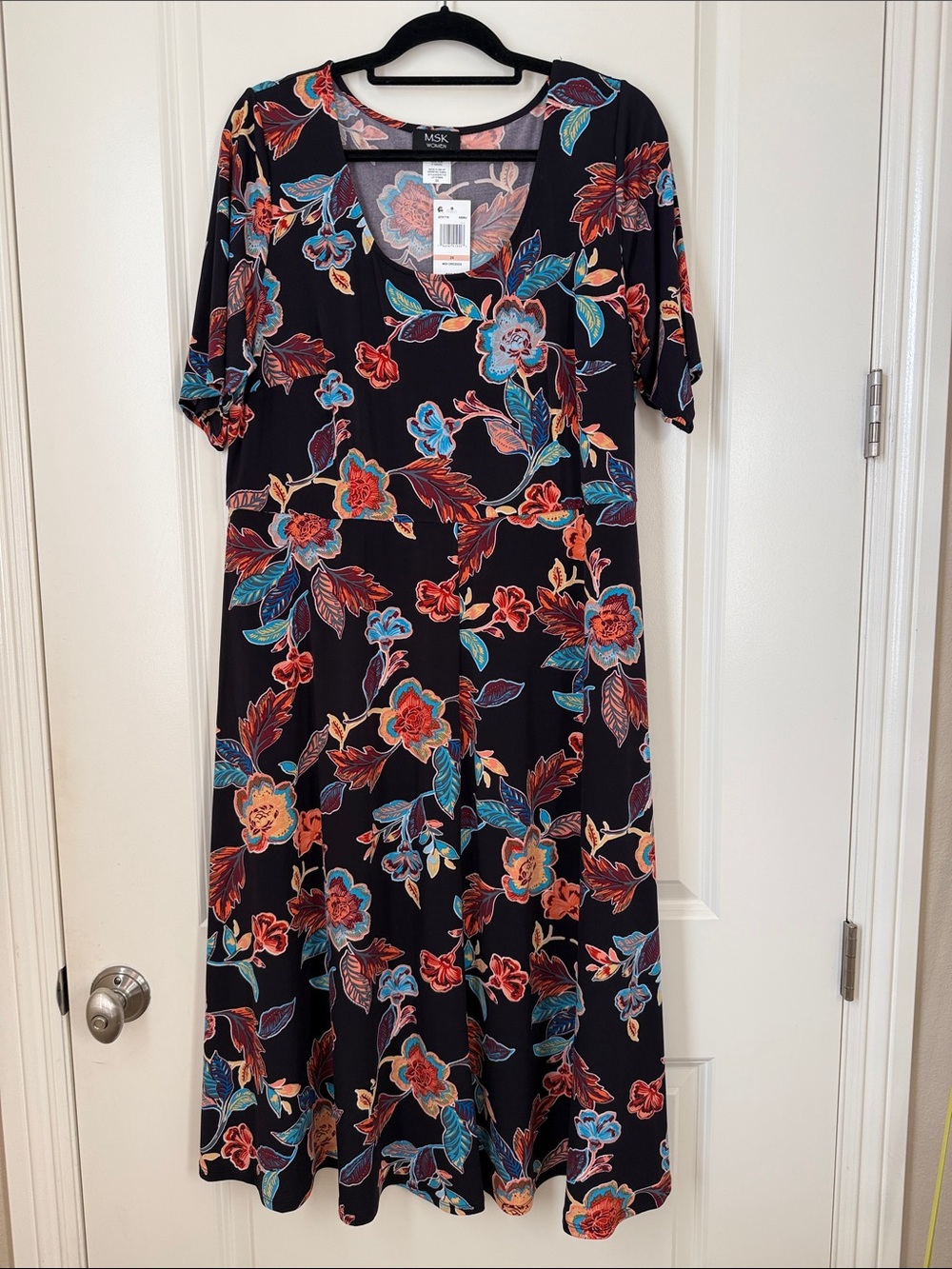 MSK NWT Black Floral Midi Dress with Rust and Teal Accents